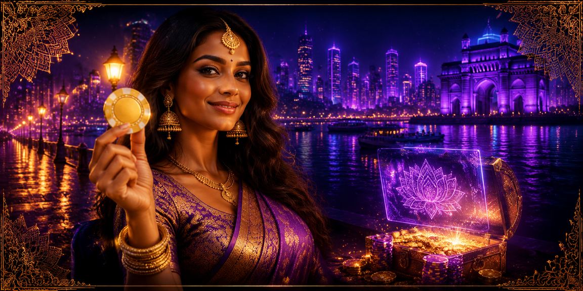 Neon-lit lottery and slots advertising in Mumbai cityscape
